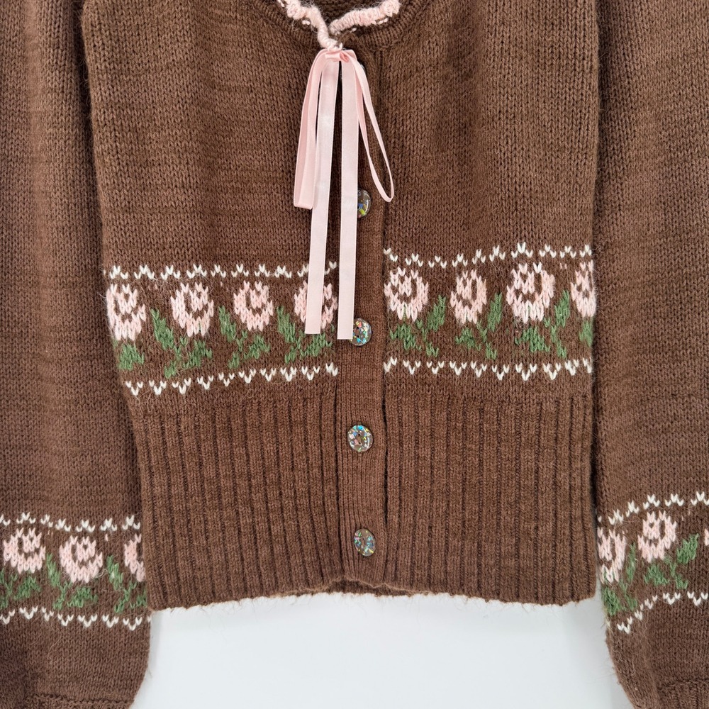 Kimchi Blue Floral Bow Cardigan S Brown Cotton Bld Coquette Balletcore Sweater - Picture 4 of 14